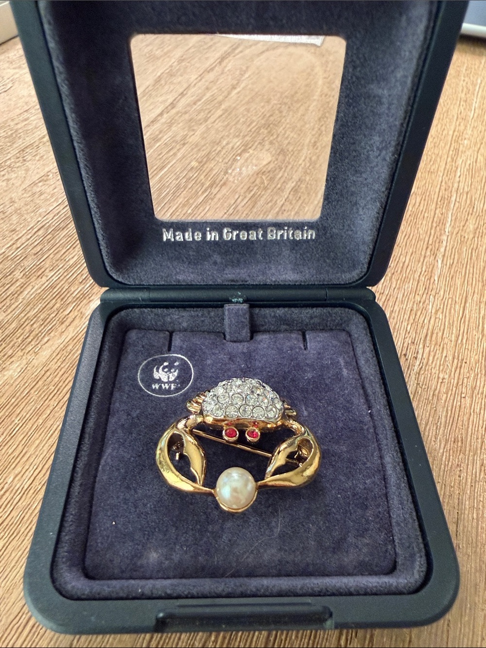Gold-Tone Crab Brooch with Clear Crystals, Red Eyes and Pearl Accent